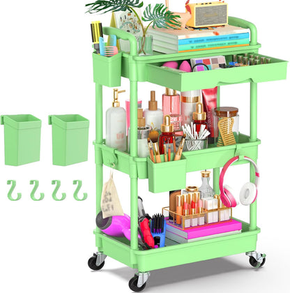 3 Tier Rolling Utility Cart Organizer with Removable Drawer, White