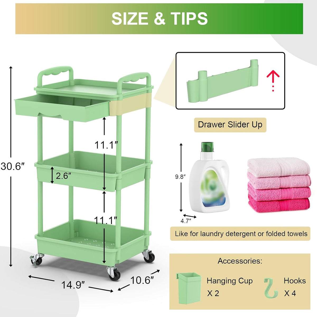 3 Tier Rolling Utility Cart Organizer with Removable Drawer, White