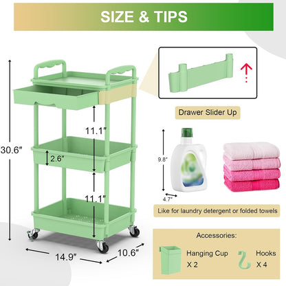 3 Tier Rolling Utility Cart Organizer with Removable Drawer, White