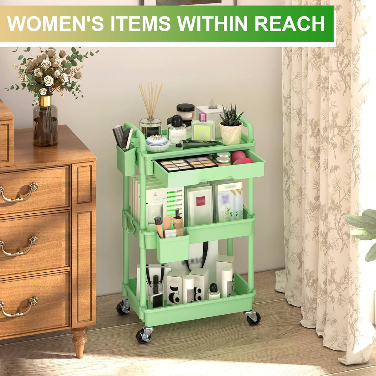 3 Tier Rolling Utility Cart Organizer with Removable Drawer, White
