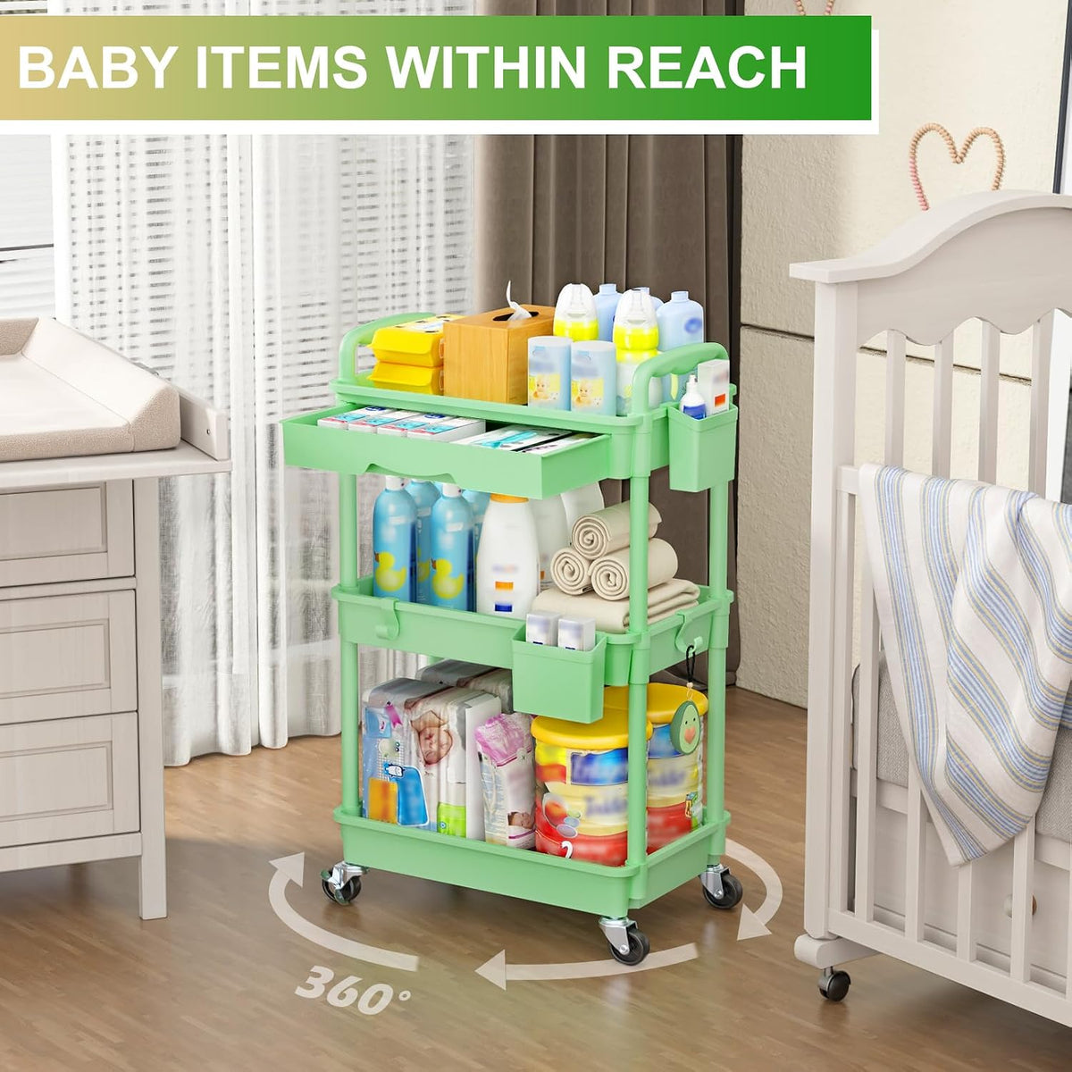 3 Tier Rolling Utility Cart Organizer with Removable Drawer, White