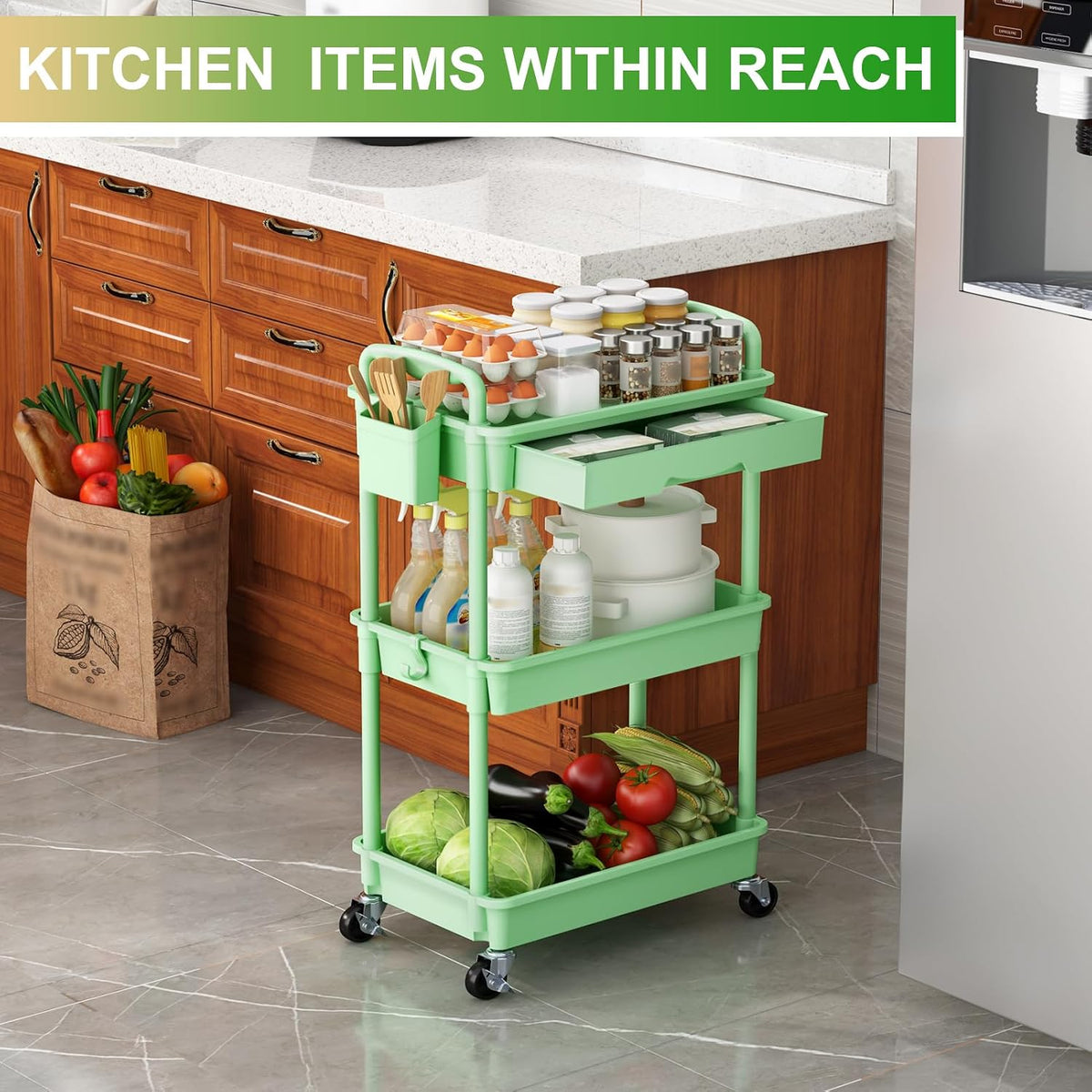 3 Tier Rolling Utility Cart Organizer with Removable Drawer, White