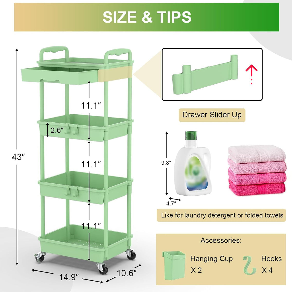 3 Tier Rolling Utility Cart Organizer with Removable Drawer, White