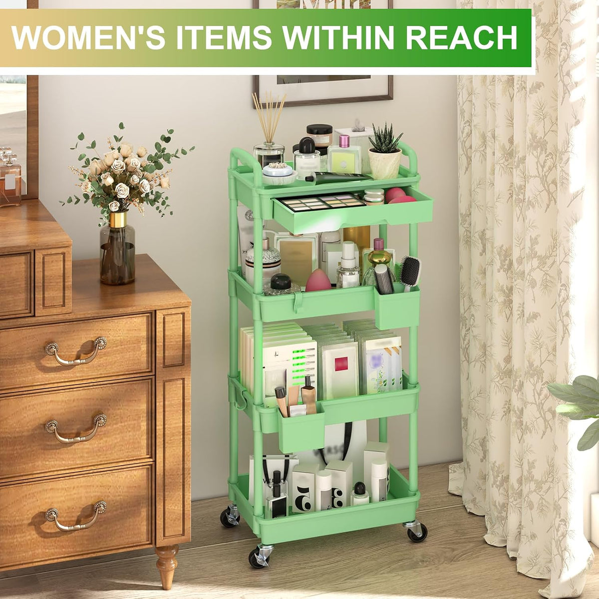 3 Tier Rolling Utility Cart Organizer with Removable Drawer, White