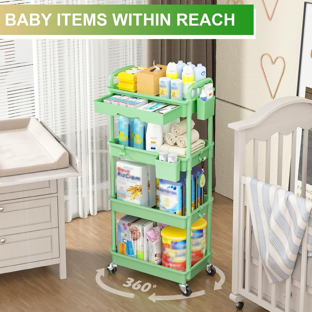 3 Tier Rolling Utility Cart Organizer with Removable Drawer, White