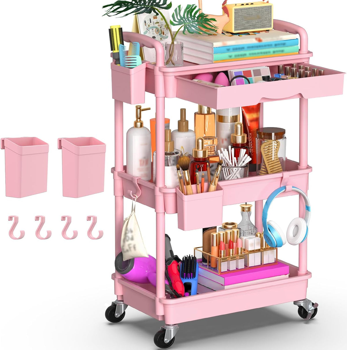 3 Tier Rolling Utility Cart Organizer with Removable Drawer, White