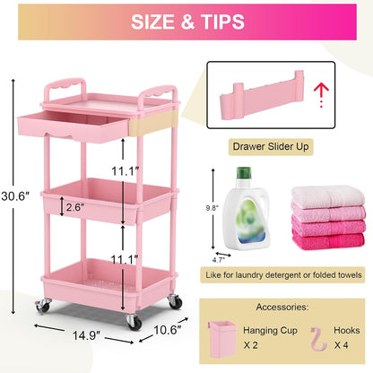 3 Tier Rolling Utility Cart Organizer with Removable Drawer, White