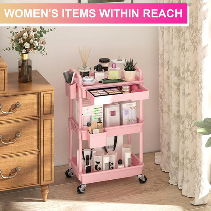 3 Tier Rolling Utility Cart Organizer with Removable Drawer, White