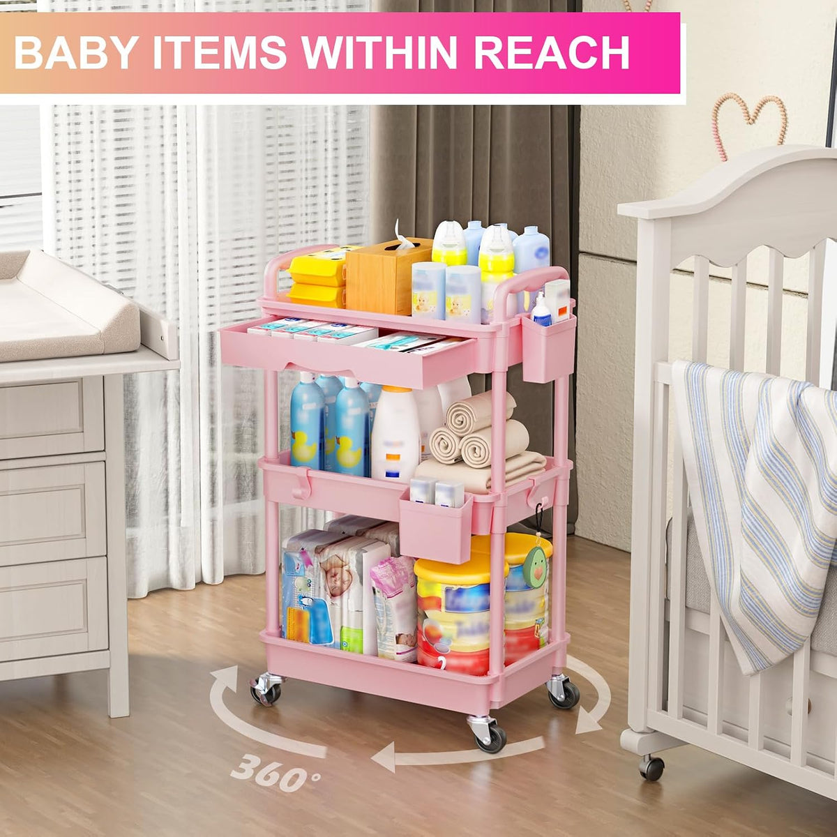 3 Tier Rolling Utility Cart Organizer with Removable Drawer, White