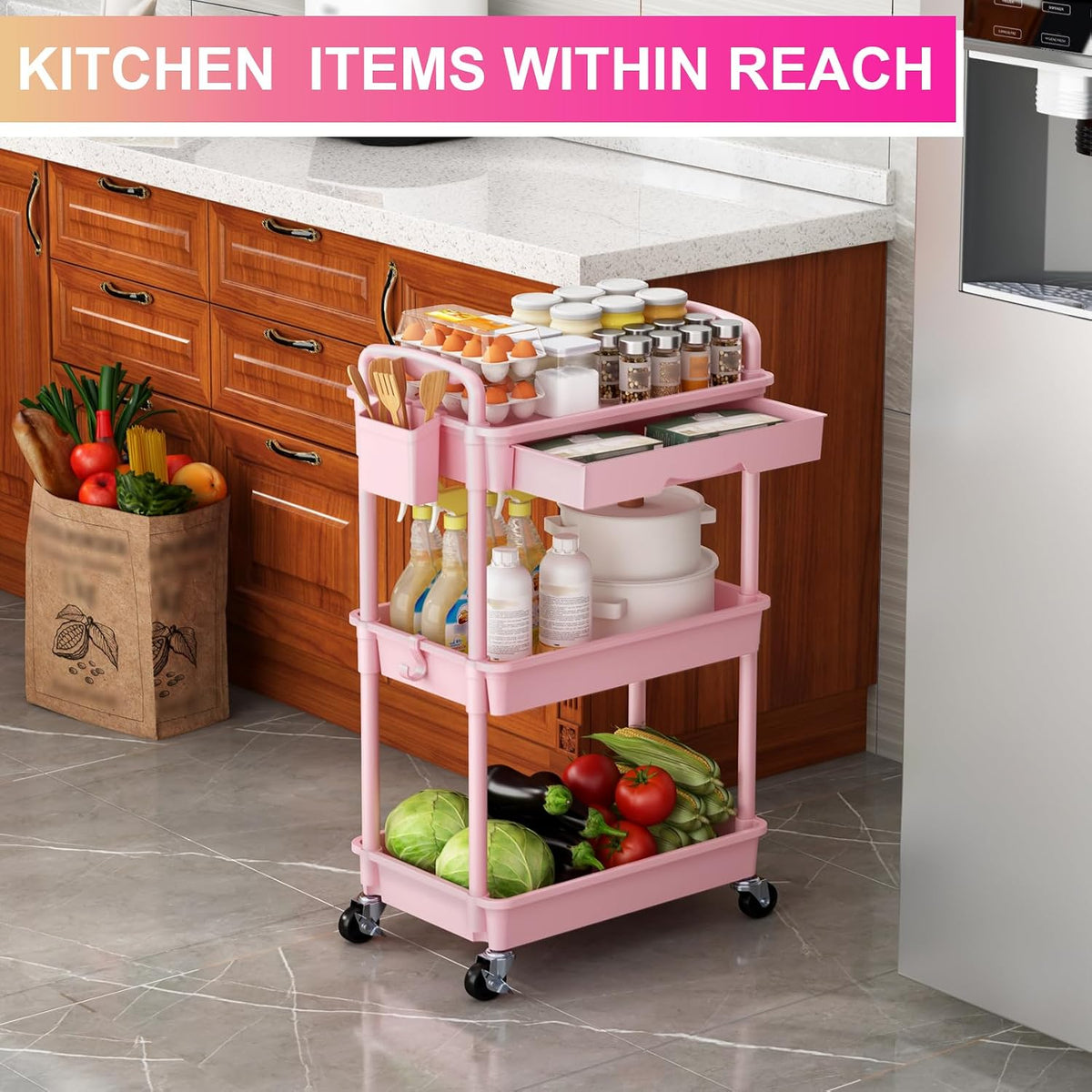 3 Tier Rolling Utility Cart Organizer with Removable Drawer, White