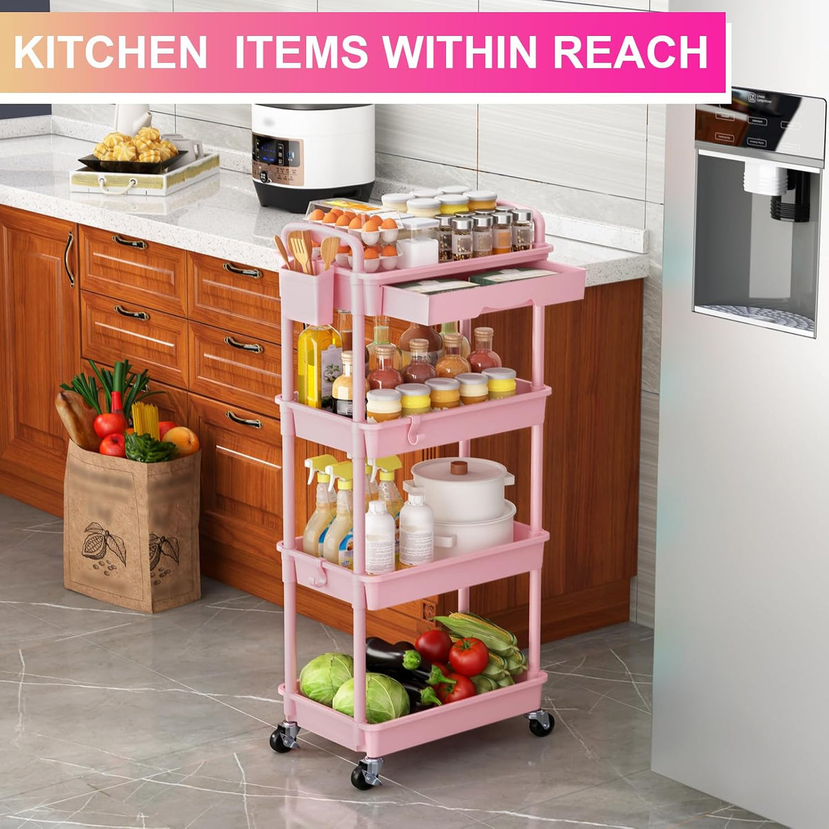 3 Tier Rolling Utility Cart Organizer with Removable Drawer, White