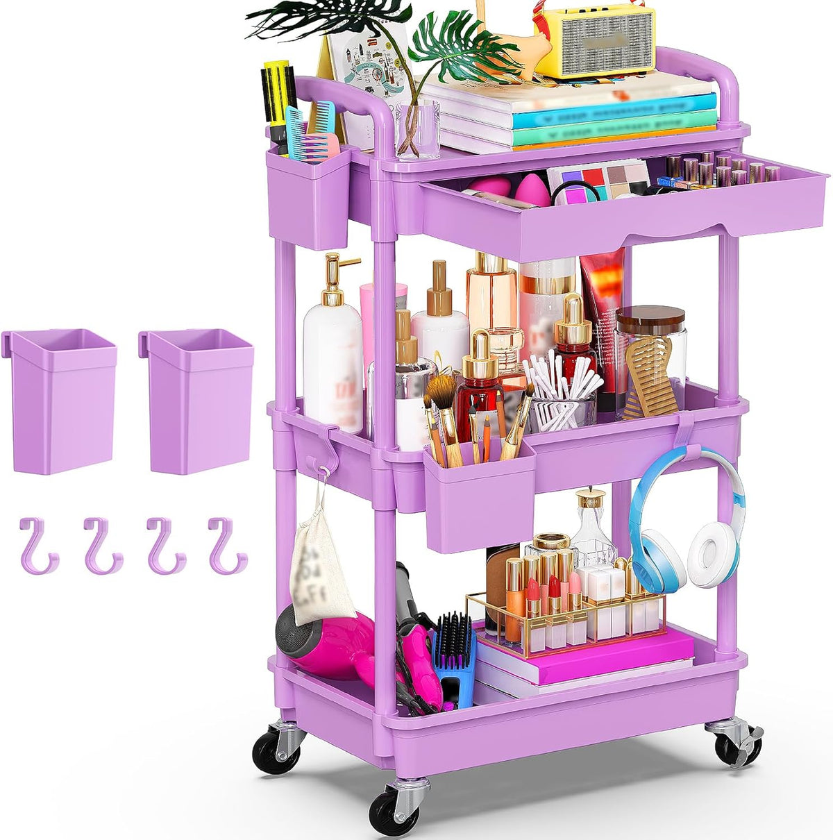 3 Tier Rolling Utility Cart Organizer with Removable Drawer, White