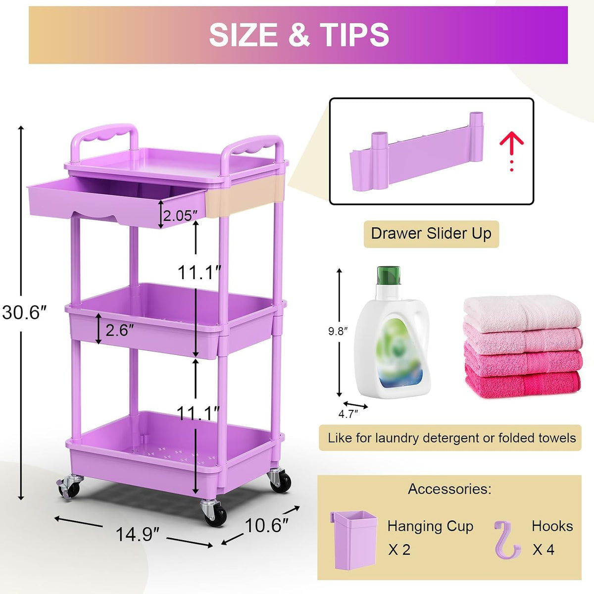 3 Tier Rolling Utility Cart Organizer with Removable Drawer, White