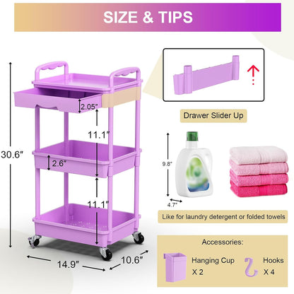 3 Tier Rolling Utility Cart Organizer with Removable Drawer, White