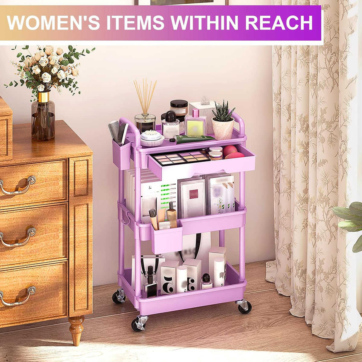 3 Tier Rolling Utility Cart Organizer with Removable Drawer, White