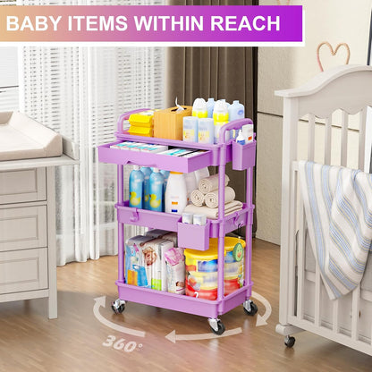 3 Tier Rolling Utility Cart Organizer with Removable Drawer, White