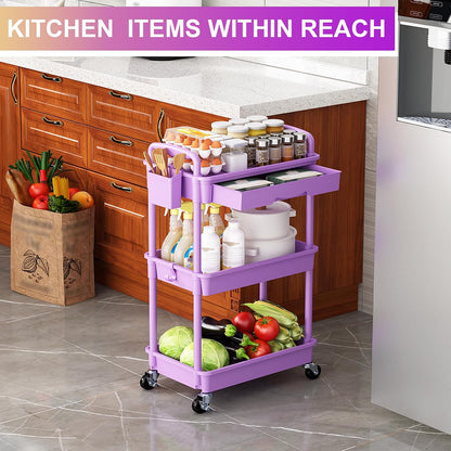 3 Tier Rolling Utility Cart Organizer with Removable Drawer, White