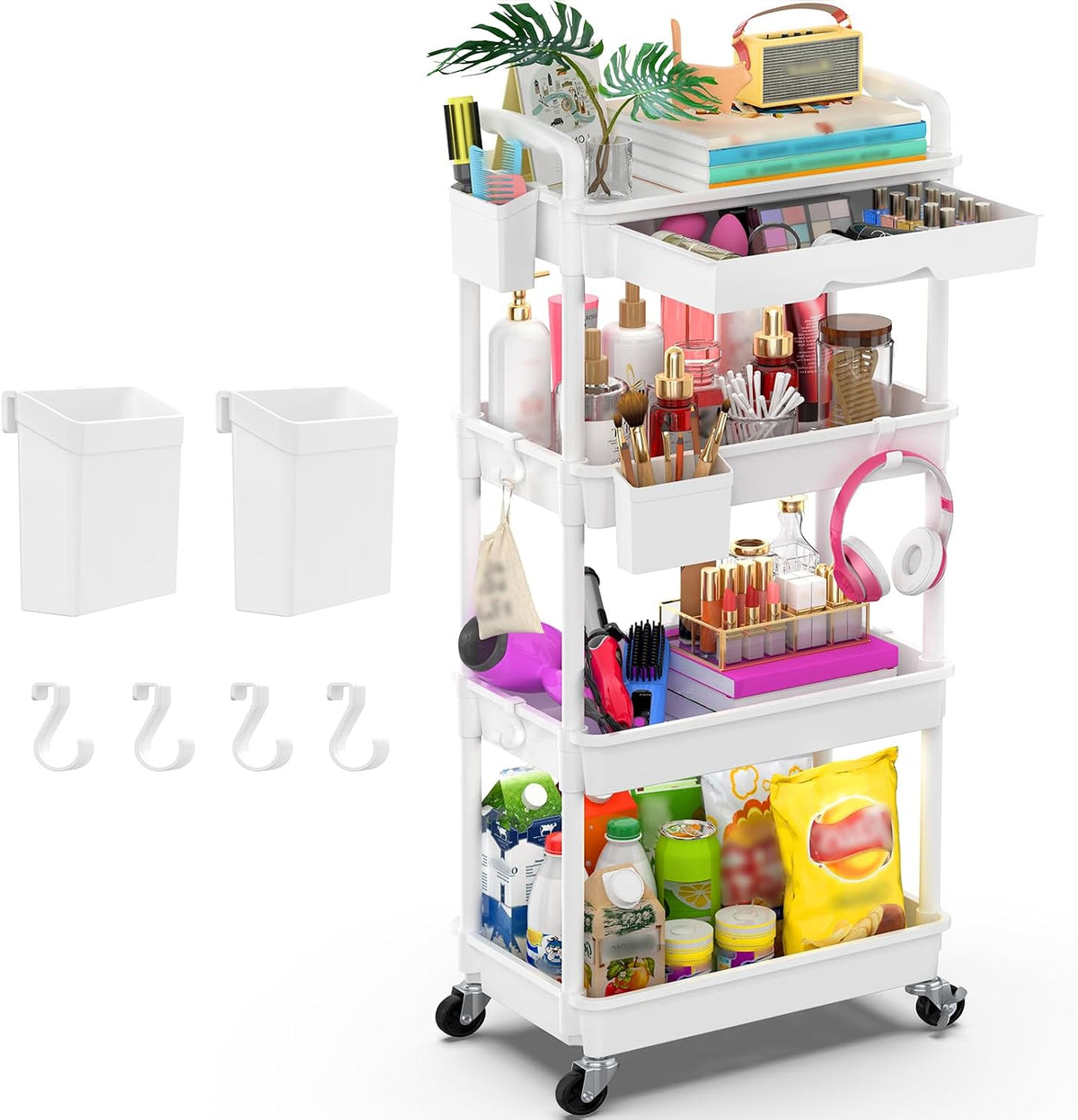 3 Tier Rolling Utility Cart Organizer with Removable Drawer, White