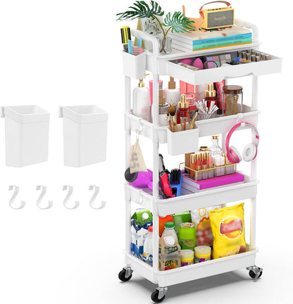 3 Tier Rolling Utility Cart Organizer with Removable Drawer, White