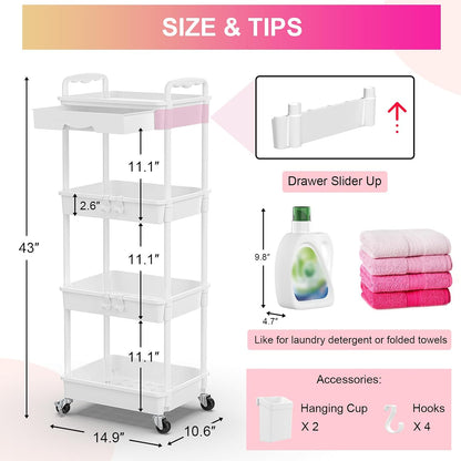 3 Tier Rolling Utility Cart Organizer with Removable Drawer, White