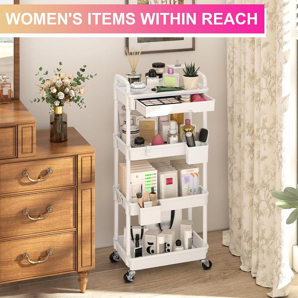 3 Tier Rolling Utility Cart Organizer with Removable Drawer, White