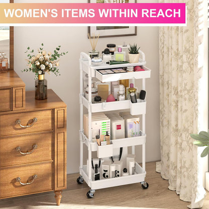 3 Tier Rolling Utility Cart Organizer with Removable Drawer, White