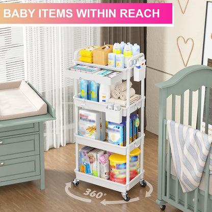 3 Tier Rolling Utility Cart Organizer with Removable Drawer, White