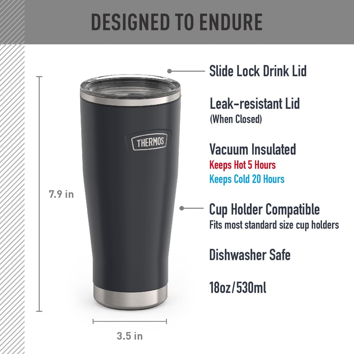 Icon Series 24oz Stainless Steel Tumbler with Slide Lock Lid, Leakproof, Fits Cupholder, Dishwasher Safe, Griptec™ Non‑Slip Base, Keeps Drinks Hot 6 Hrs/Cold 22 Hrs, Mystic Navy