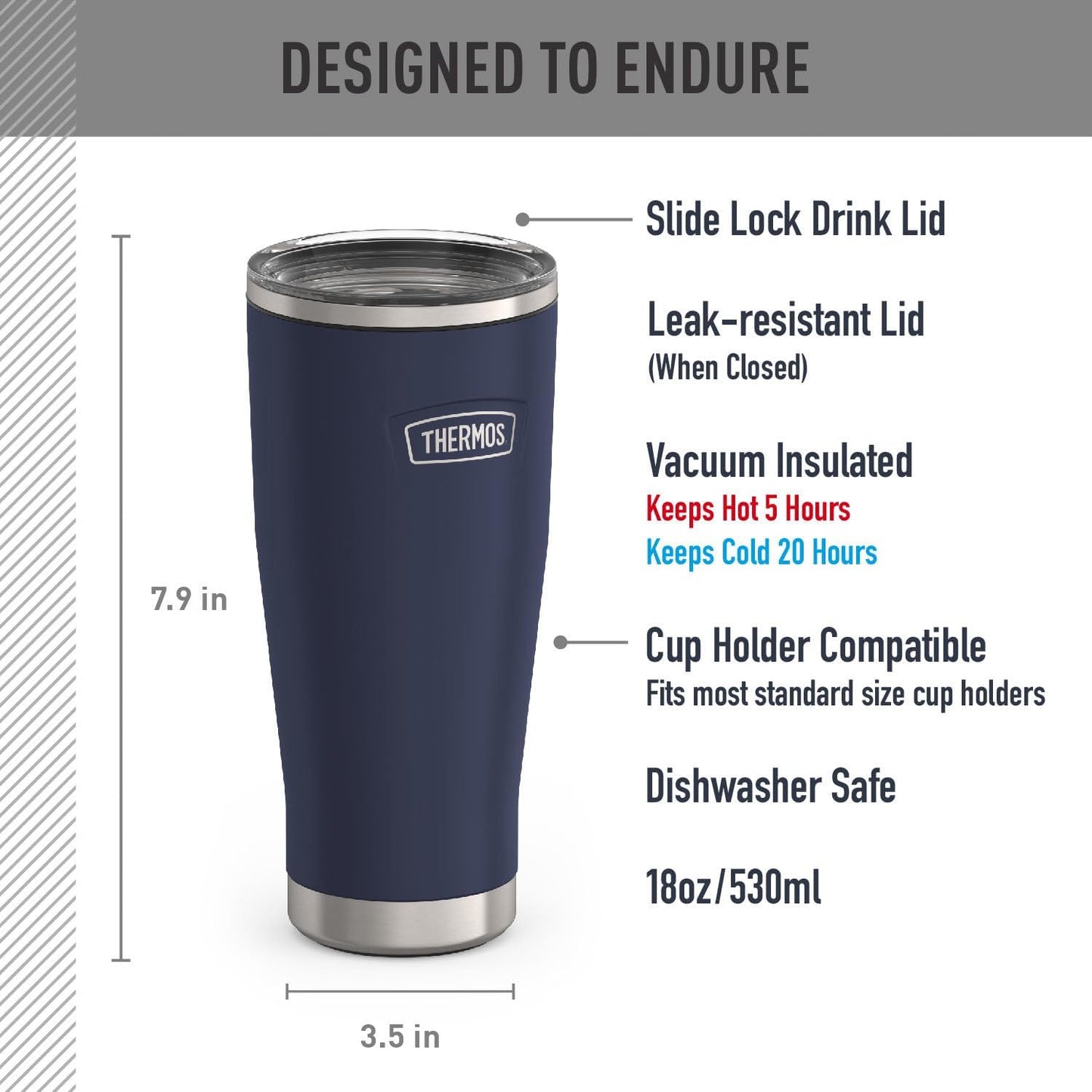 Icon Series 24oz Stainless Steel Tumbler with Slide Lock Lid, Leakproof, Fits Cupholder, Dishwasher Safe, Griptec™ Non‑Slip Base, Keeps Drinks Hot 6 Hrs/Cold 22 Hrs, Mystic Navy