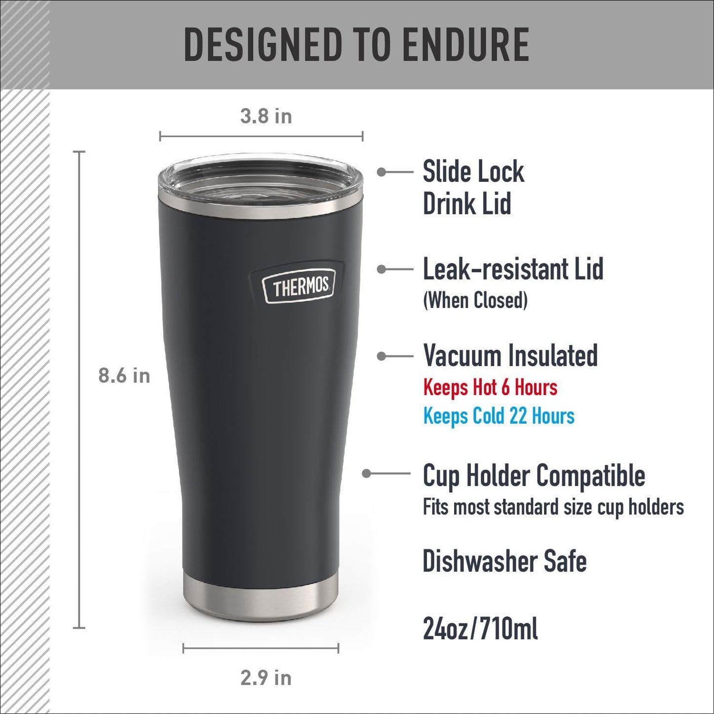 Icon Series 24oz Stainless Steel Tumbler with Slide Lock Lid, Leakproof, Fits Cupholder, Dishwasher Safe, Griptec™ Non‑Slip Base, Keeps Drinks Hot 6 Hrs/Cold 22 Hrs, Mystic Navy
