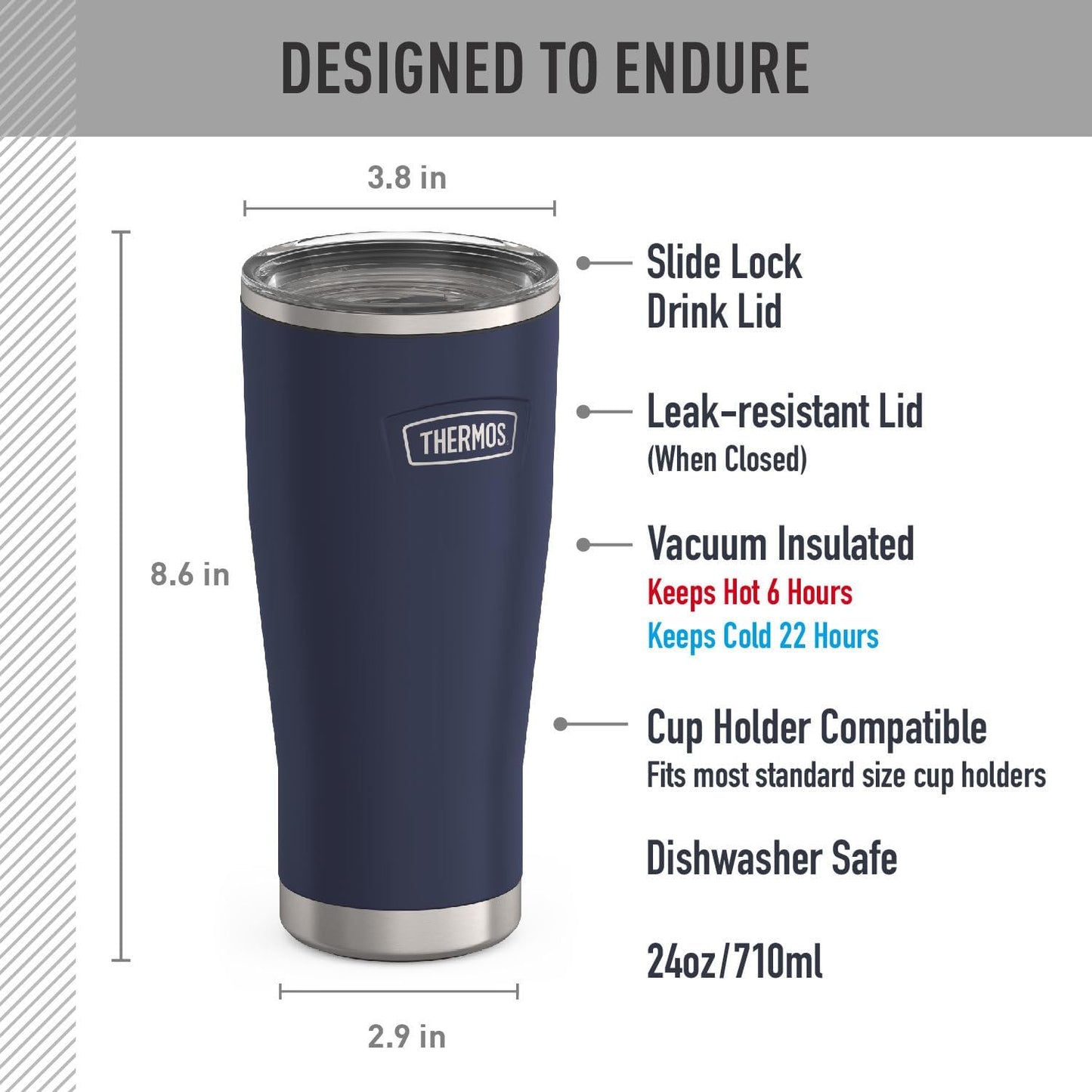 Icon Series 24oz Stainless Steel Tumbler with Slide Lock Lid, Leakproof, Fits Cupholder, Dishwasher Safe, Griptec™ Non‑Slip Base, Keeps Drinks Hot 6 Hrs/Cold 22 Hrs, Mystic Navy