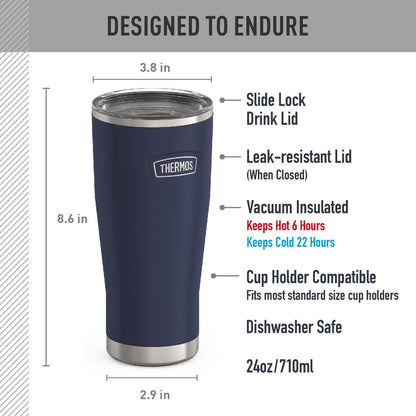 Icon Series 24oz Stainless Steel Tumbler with Slide Lock Lid, Leakproof, Fits Cupholder, Dishwasher Safe, Griptec™ Non‑Slip Base, Keeps Drinks Hot 6 Hrs/Cold 22 Hrs, Mystic Navy