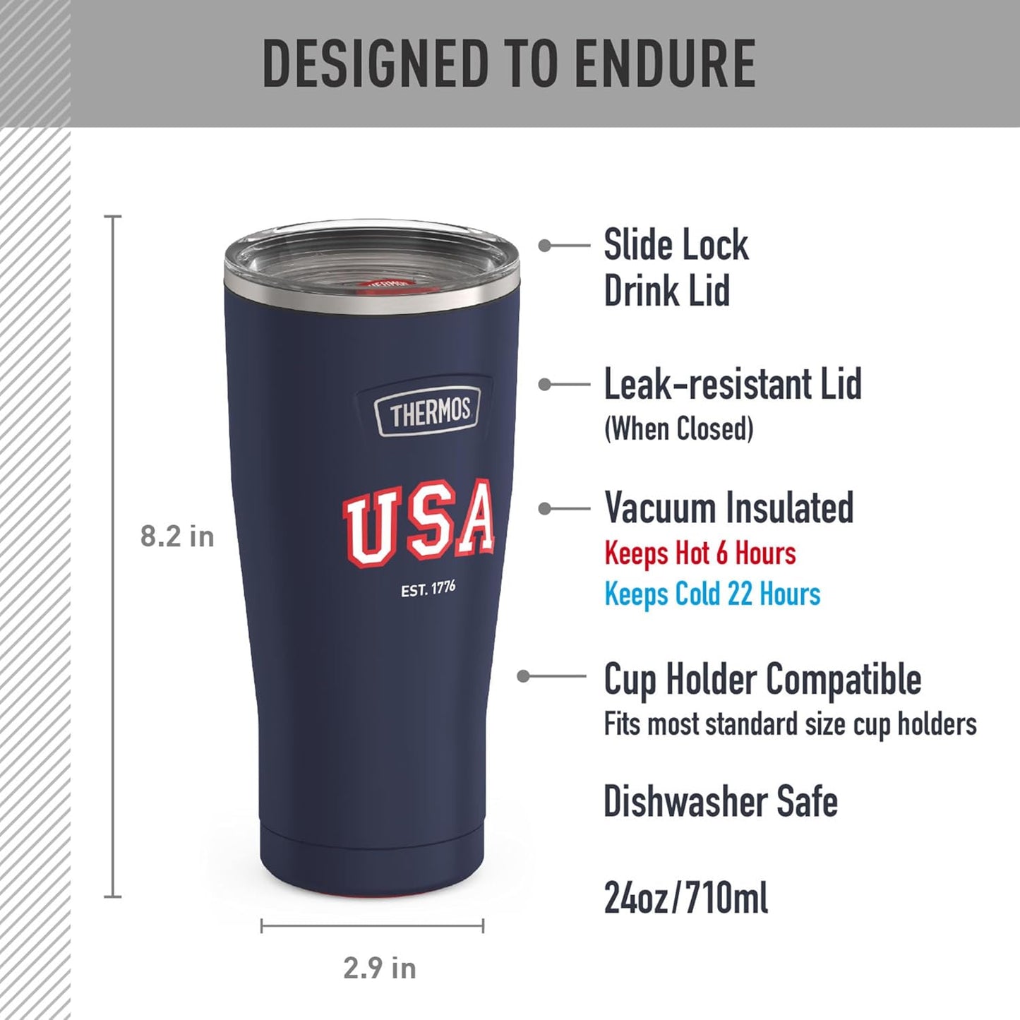 Icon Series 24oz Stainless Steel Tumbler with Slide Lock Lid, Leakproof, Fits Cupholder, Dishwasher Safe, Griptec™ Non‑Slip Base, Keeps Drinks Hot 6 Hrs/Cold 22 Hrs, Mystic Navy