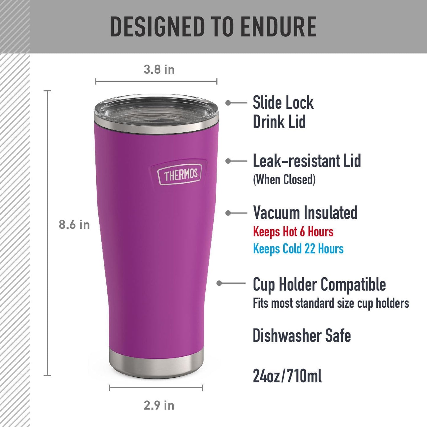 Icon Series 24oz Stainless Steel Tumbler with Slide Lock Lid, Leakproof, Fits Cupholder, Dishwasher Safe, Griptec™ Non‑Slip Base, Keeps Drinks Hot 6 Hrs/Cold 22 Hrs, Mystic Navy