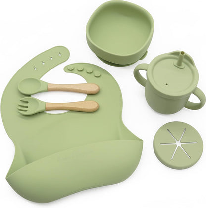 8 Piece| Feeding Set–|Bib, Suction Bowl, Sippy Cup, 2-in-1 Straw & Snack Cup Lid, Straw, Spoon & Fork