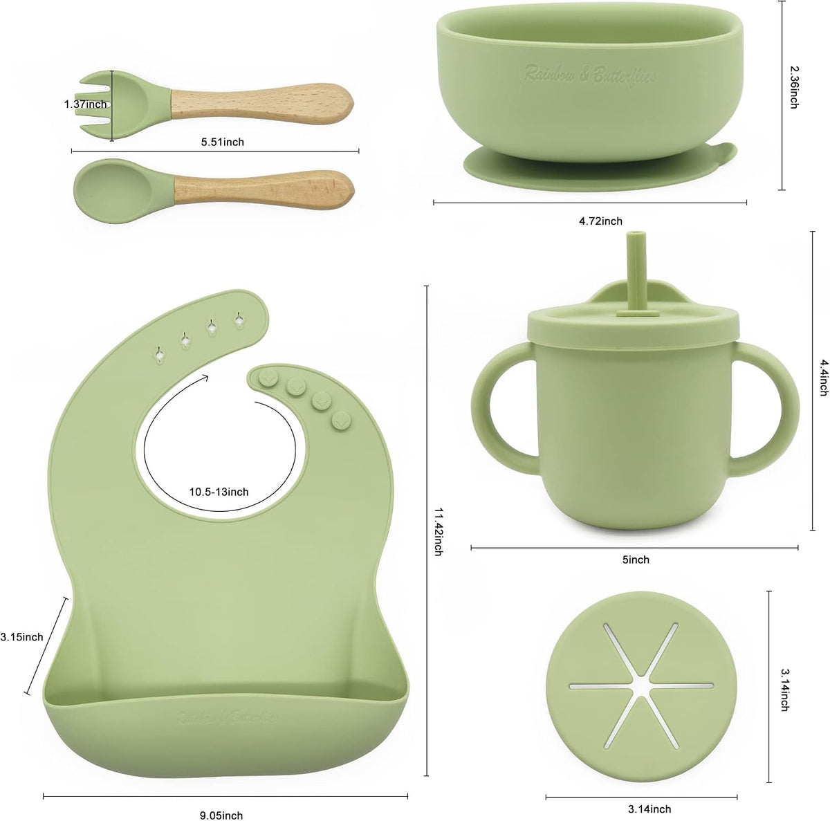 8 Piece| Feeding Set–|Bib, Suction Bowl, Sippy Cup, 2-in-1 Straw & Snack Cup Lid, Straw, Spoon & Fork