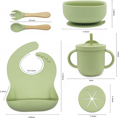 8 Piece| Feeding Set–|Bib, Suction Bowl, Sippy Cup, 2-in-1 Straw & Snack Cup Lid, Straw, Spoon & Fork