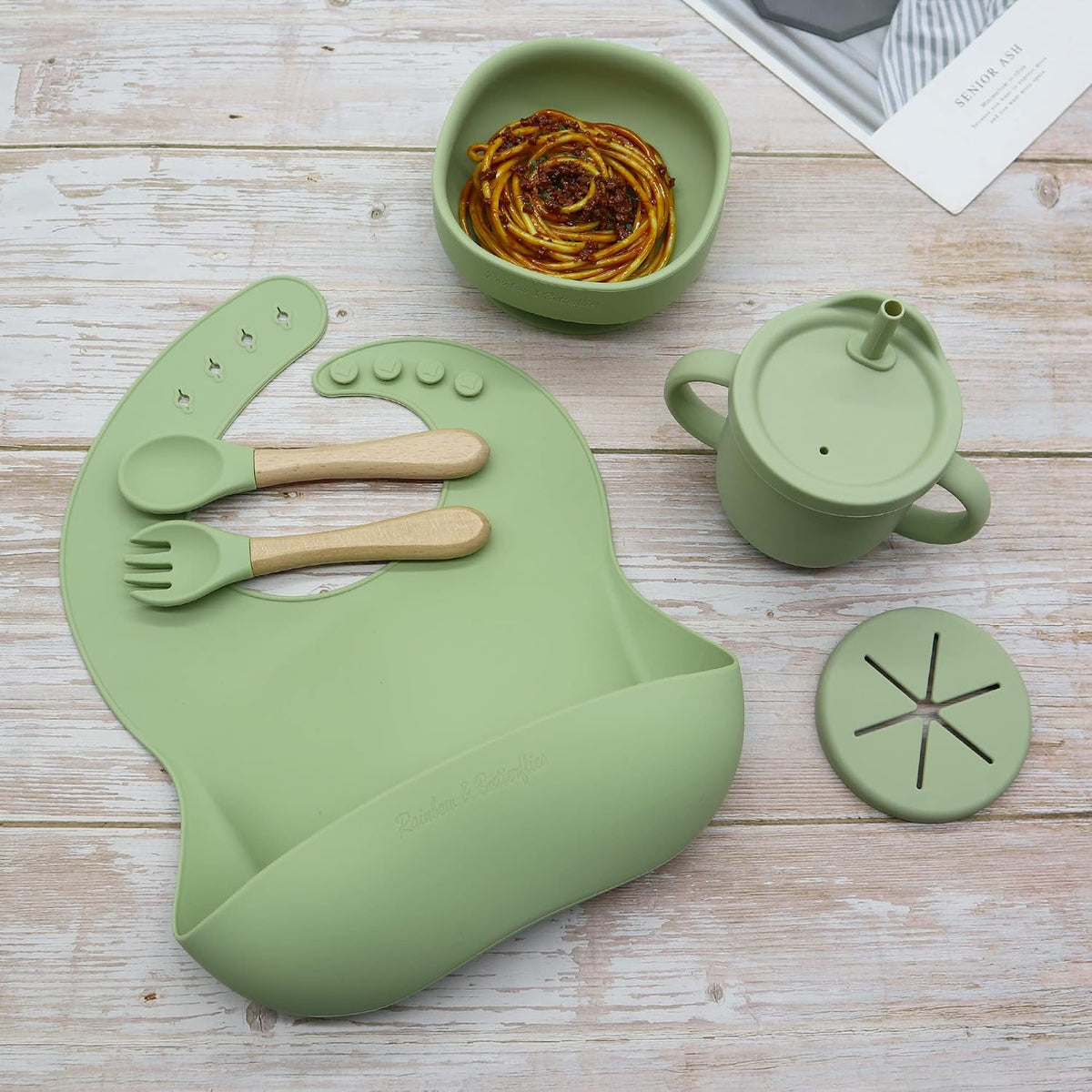 8 Piece| Feeding Set–|Bib, Suction Bowl, Sippy Cup, 2-in-1 Straw & Snack Cup Lid, Straw, Spoon & Fork