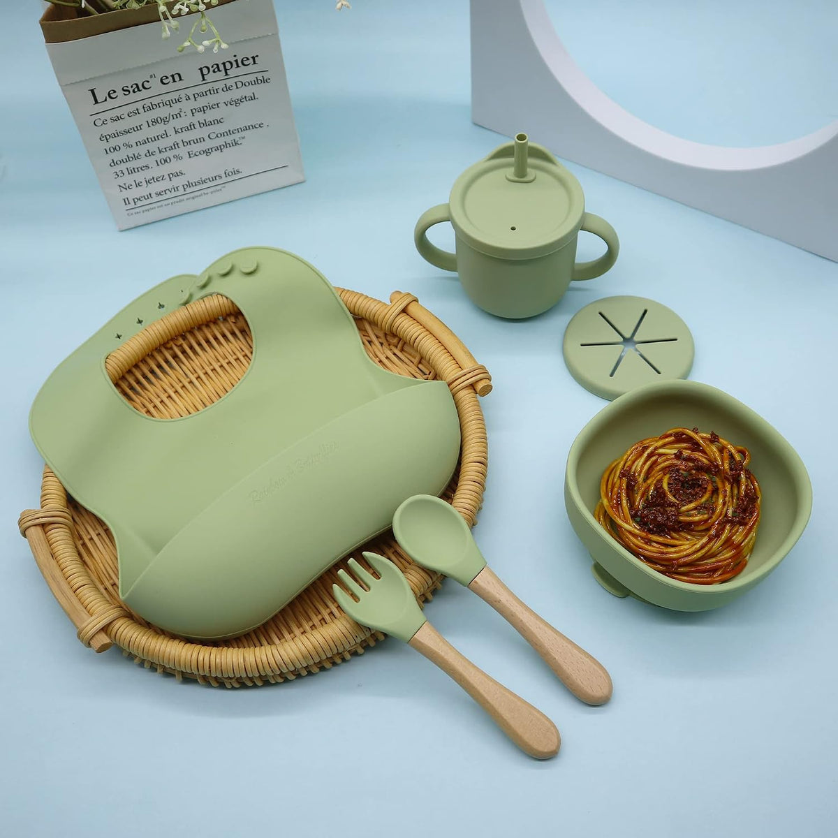 8 Piece| Feeding Set–|Bib, Suction Bowl, Sippy Cup, 2-in-1 Straw & Snack Cup Lid, Straw, Spoon & Fork