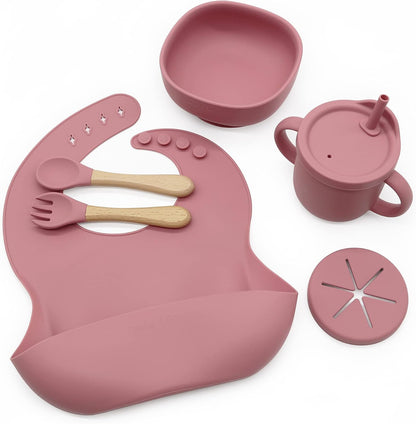 8 Piece| Feeding Set–|Bib, Suction Bowl, Sippy Cup, 2-in-1 Straw & Snack Cup Lid, Straw, Spoon & Fork