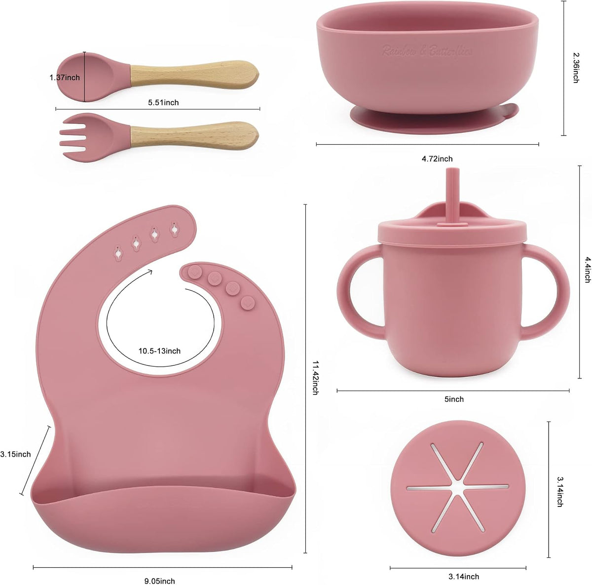 8 Piece| Feeding Set–|Bib, Suction Bowl, Sippy Cup, 2-in-1 Straw & Snack Cup Lid, Straw, Spoon & Fork