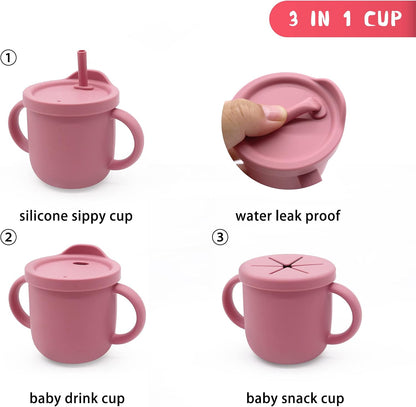 8 Piece| Feeding Set–|Bib, Suction Bowl, Sippy Cup, 2-in-1 Straw & Snack Cup Lid, Straw, Spoon & Fork