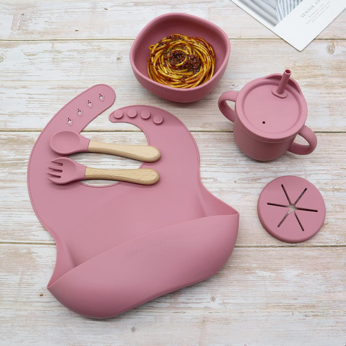 8 Piece| Feeding Set–|Bib, Suction Bowl, Sippy Cup, 2-in-1 Straw & Snack Cup Lid, Straw, Spoon & Fork
