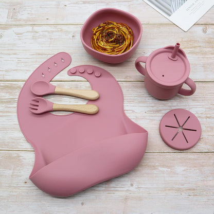 8 Piece| Feeding Set–|Bib, Suction Bowl, Sippy Cup, 2-in-1 Straw & Snack Cup Lid, Straw, Spoon & Fork
