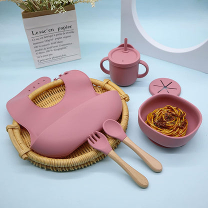 8 Piece| Feeding Set–|Bib, Suction Bowl, Sippy Cup, 2-in-1 Straw & Snack Cup Lid, Straw, Spoon & Fork