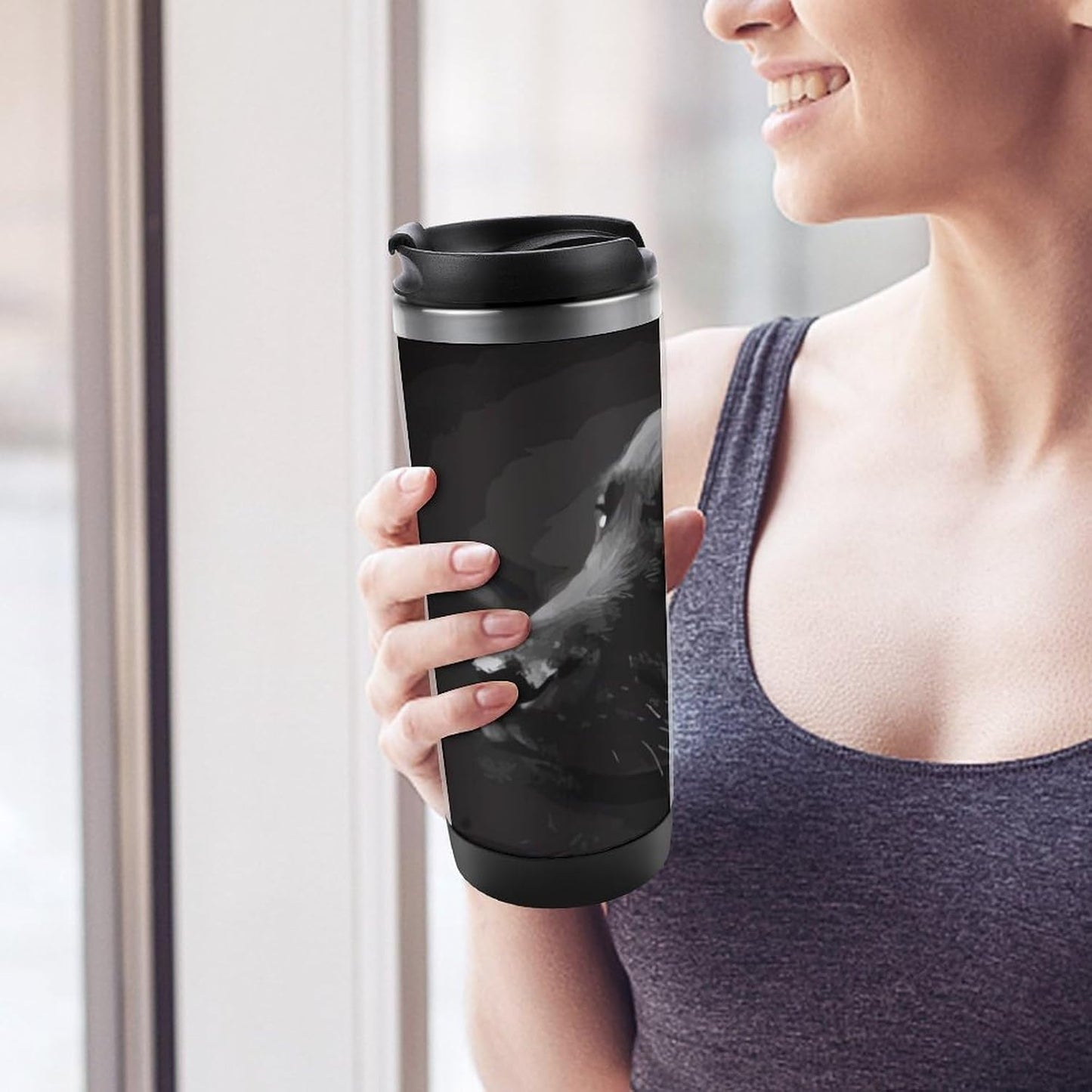 13oz Insulated Travel Coffee Mug Reusable Coffee Cup Water Bottle | Black Labrador Puppy Travel Mug with Leak Proof Lid Double Wall Stainless Steel Coffee Tumbler Personalized Gift