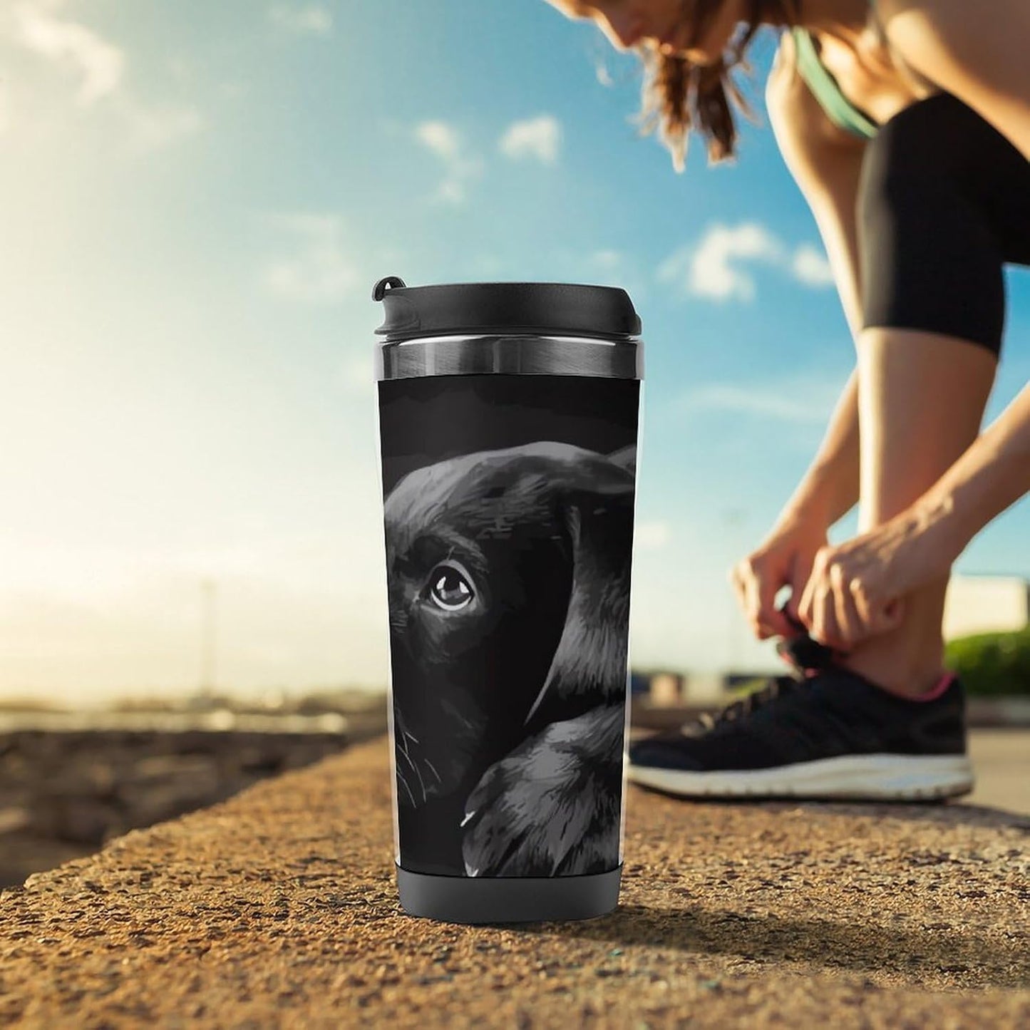 13oz Insulated Travel Coffee Mug Reusable Coffee Cup Water Bottle | Black Labrador Puppy Travel Mug with Leak Proof Lid Double Wall Stainless Steel Coffee Tumbler Personalized Gift