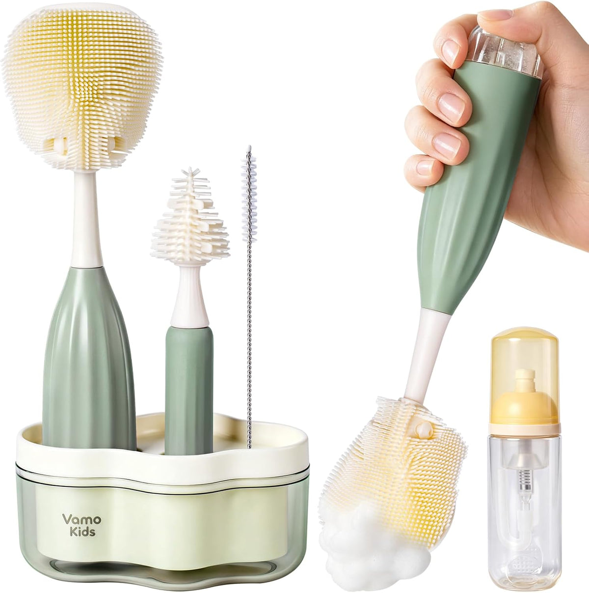 Baby Bottle Brush Set with Soap Dispenser, Foaming Brush & Drying Stand