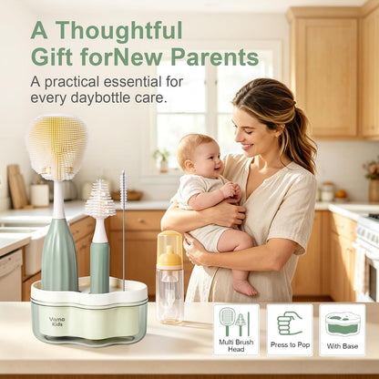 Baby Bottle Brush Set with Soap Dispenser, Foaming Brush & Drying Stand