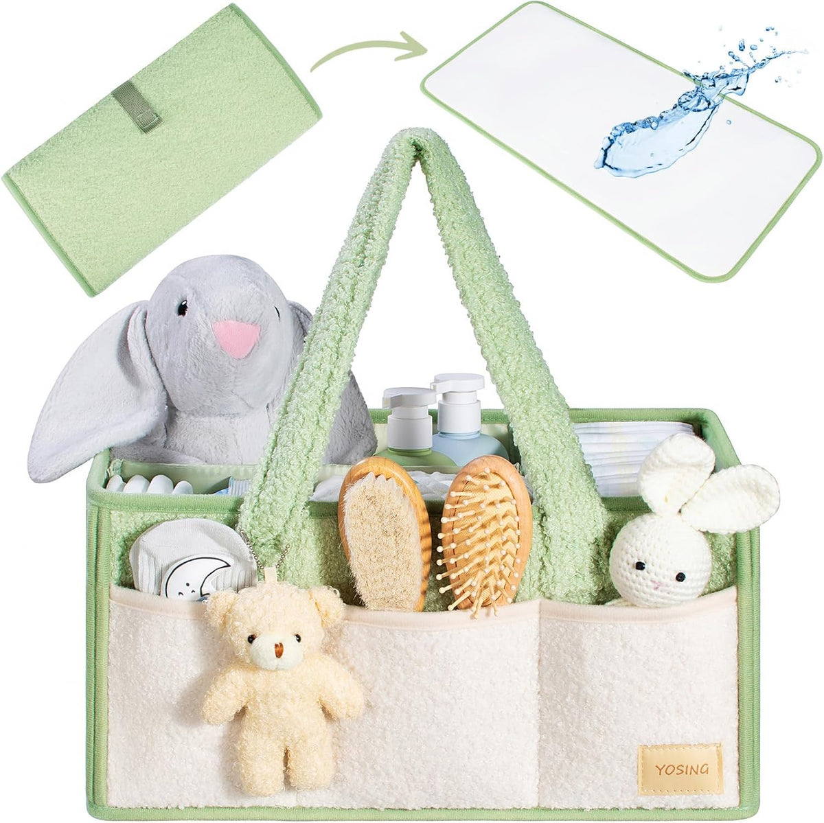 2in1 Diaper Caddy with Changing Pad, Baby Diaper Caddy Organizer with Changing Mat, Newborn Caddy for Car Travel, Nursery Storage and Car Organizer for Diapers and Baby Wipes, Green+ White